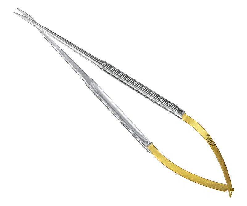 Mikro fjederhåndtagssaks, 18 cm, buet, rund